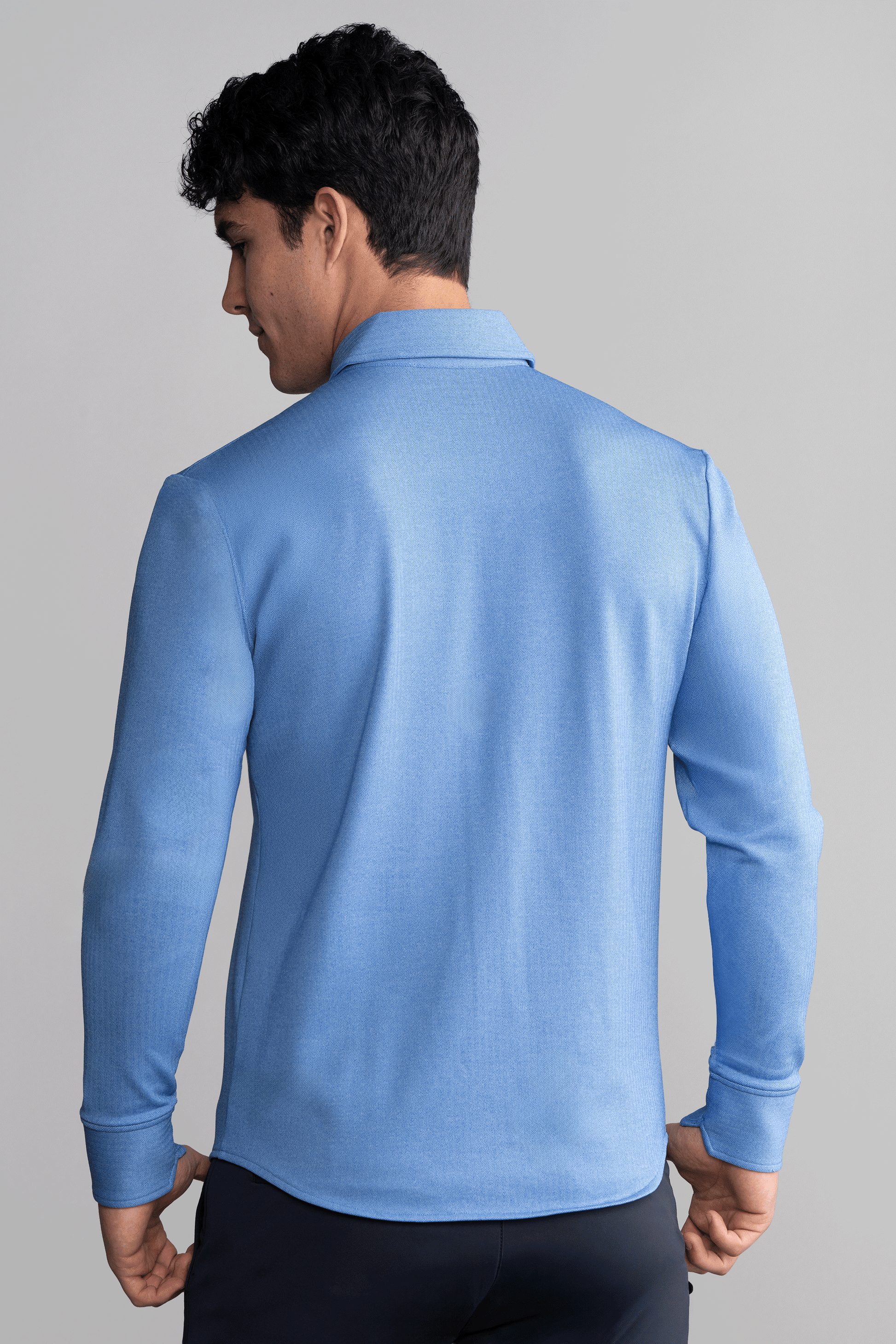 Long Sleeve Button Down Polo in Herringbone // Blue