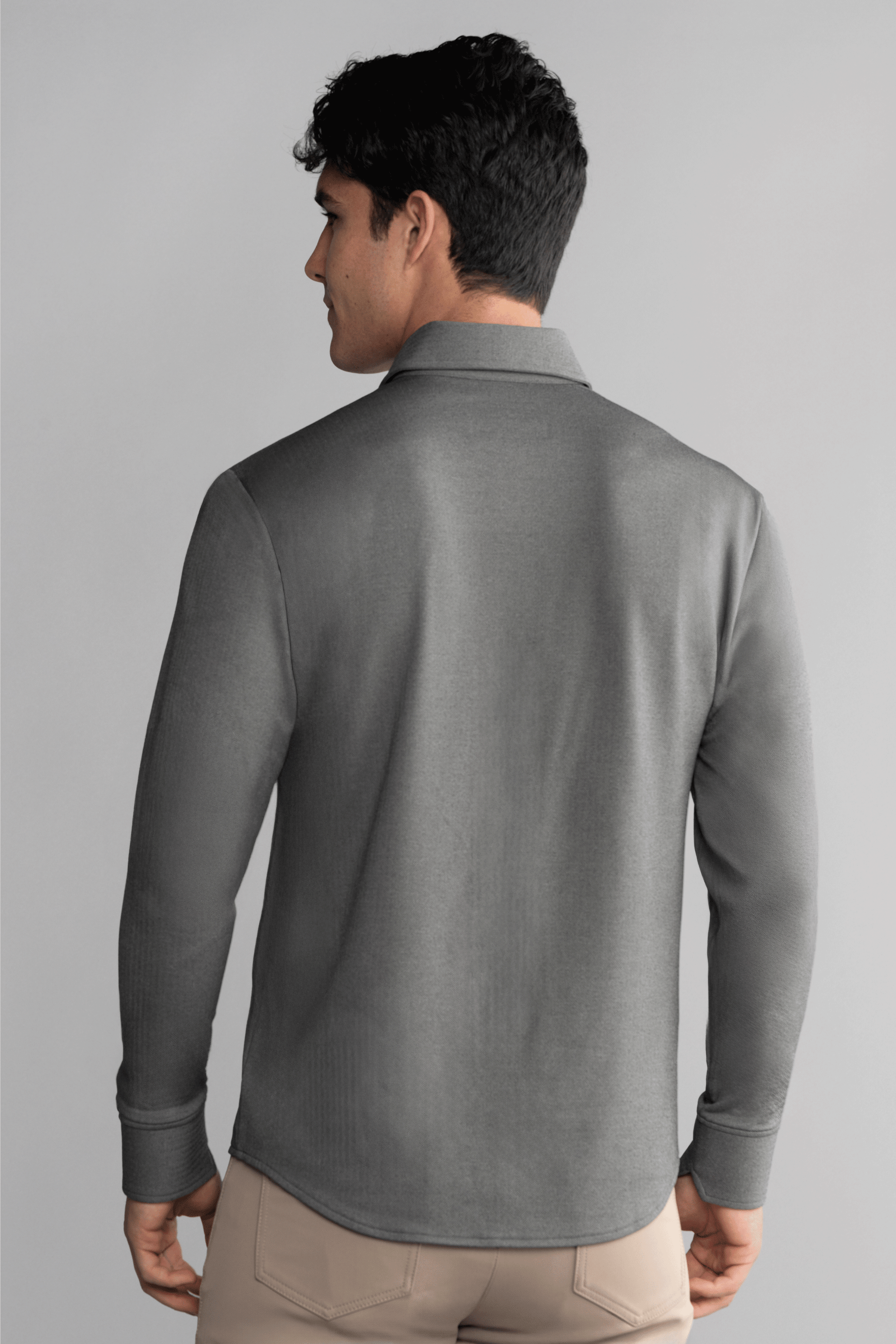 Long Sleeve Button Down Polo in Herringbone // Charcoal
