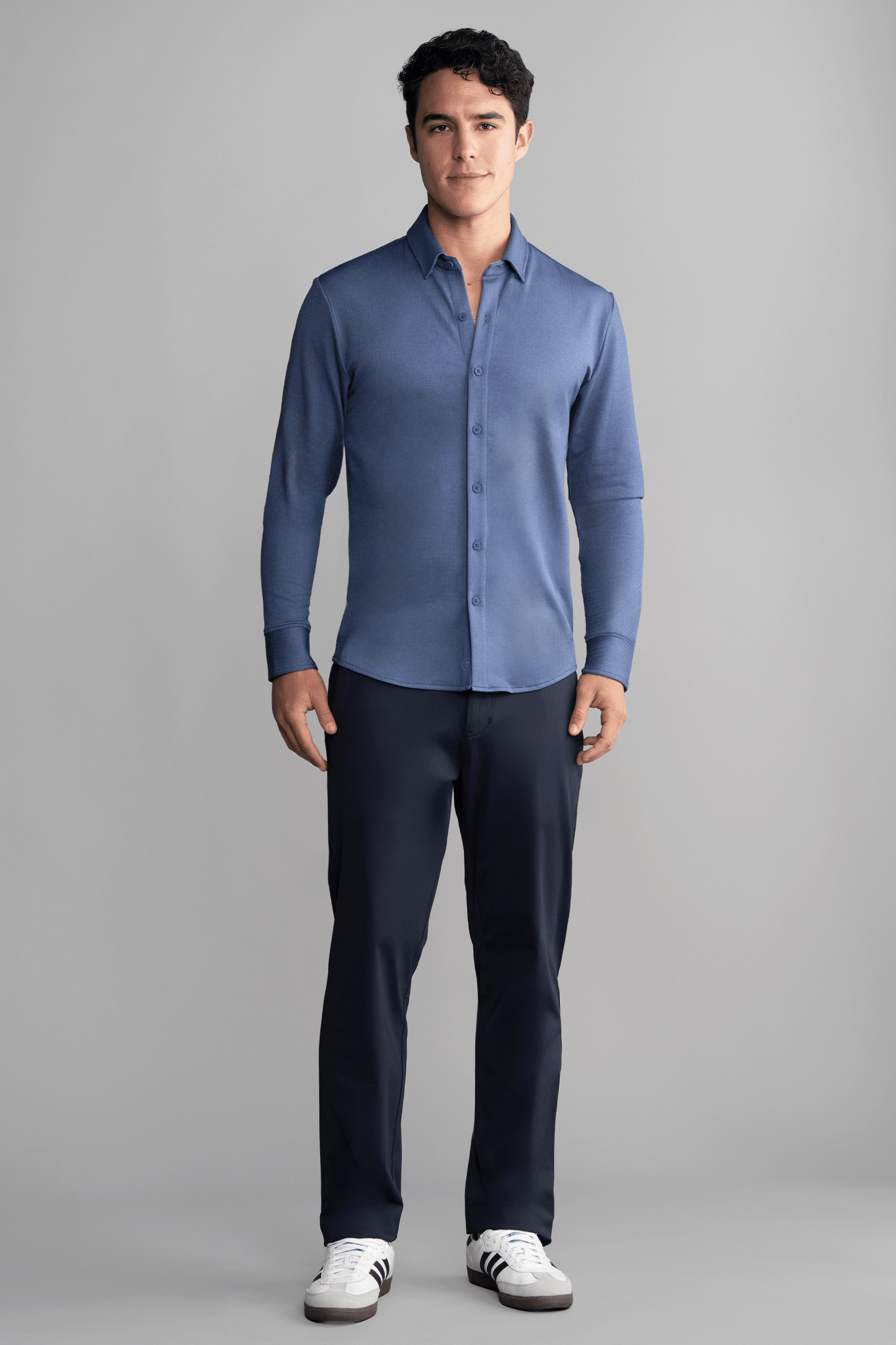 Long Sleeve Button Down Polo in Herringbone // Navy